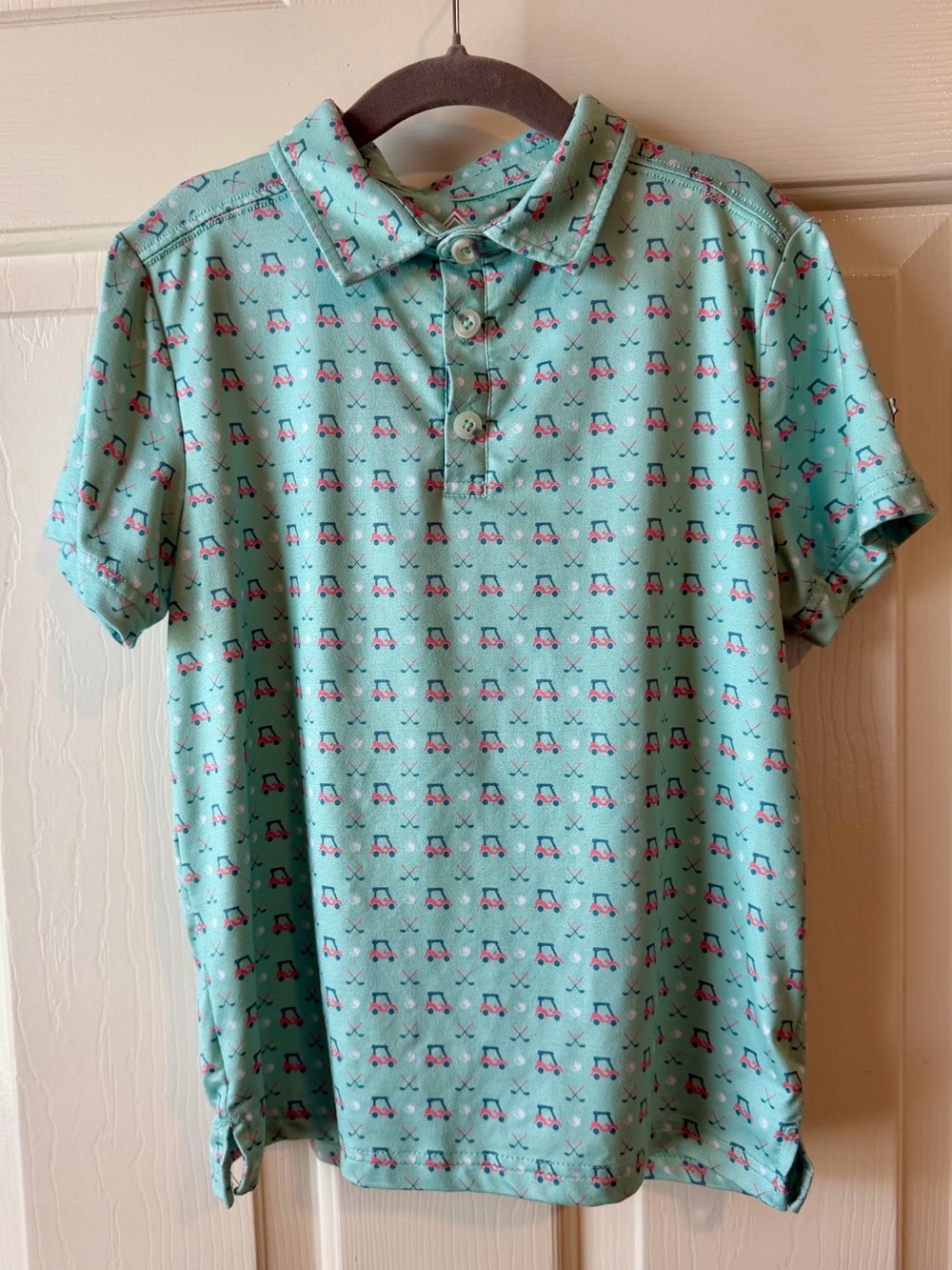 BURLEBO Boy's Performance Polo Size S Mint Green w/Golf Carts & Clubs Print